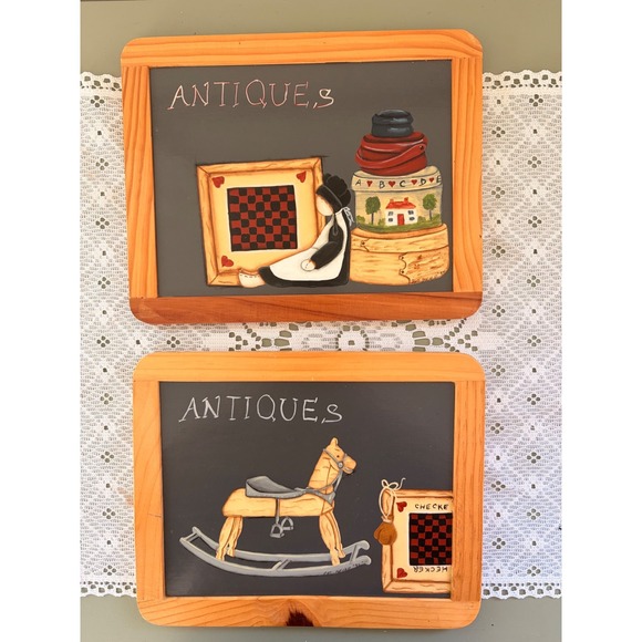 Pat Hecker Other - Vintage Pat Hecker Signed Folk Art Slate Plaques Set 2 Antiques Rocking Horse 94